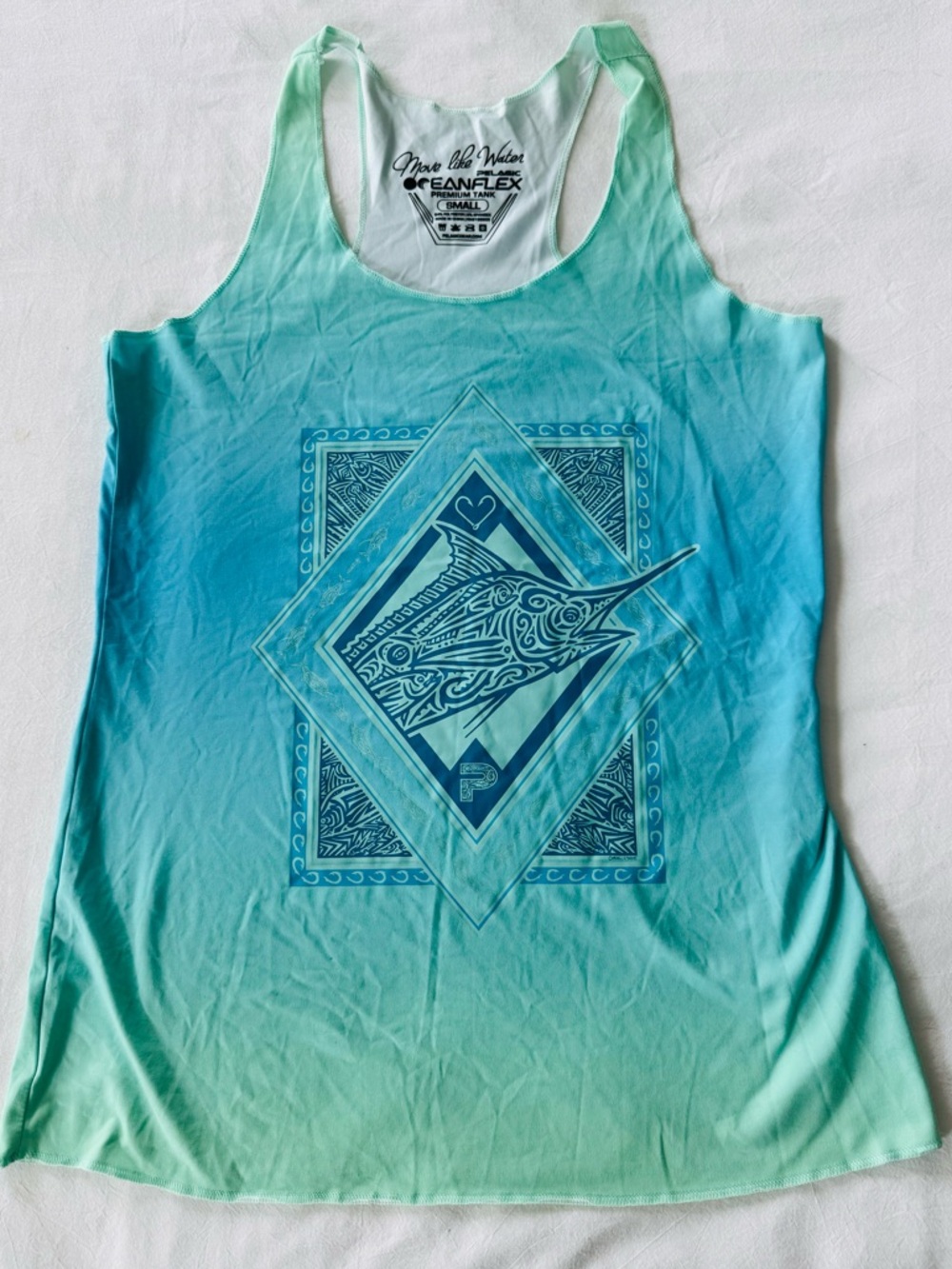 Pelagic Women’s Ombre Racerback Marlin Tank Top in Teal and Seafoam